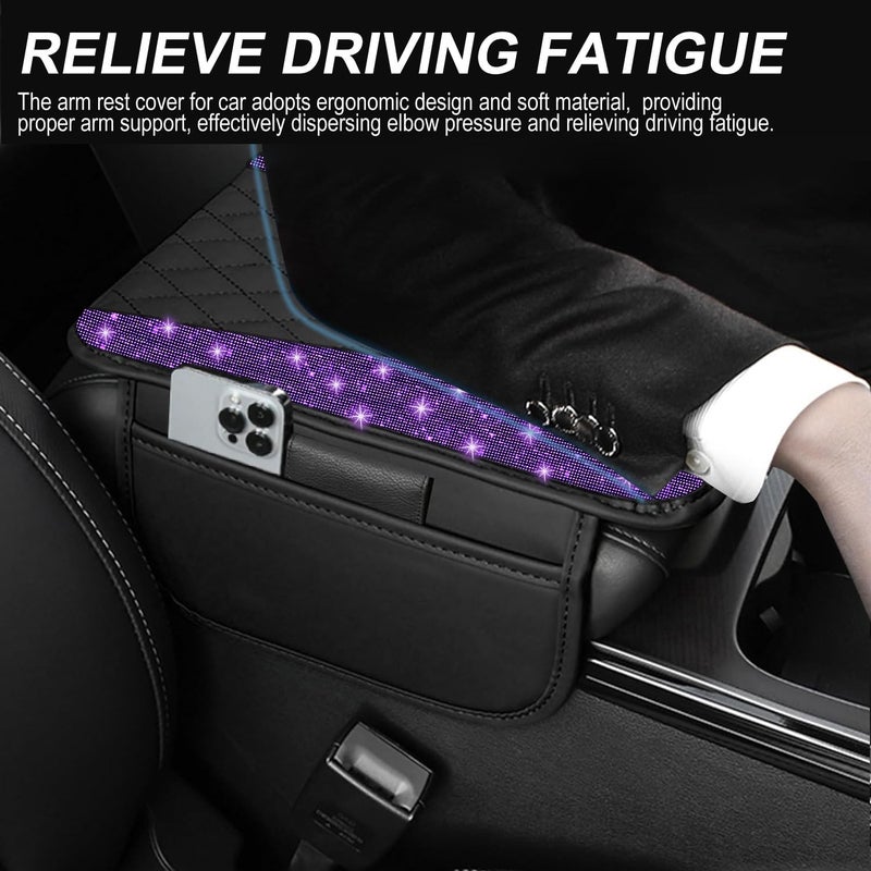 NBTEPEM Bling Purple Car Center Console Cover, Leather Middle Console Cover with 2 Storage Bags, Universal Arm Rest Cover, Bling Car Accessories Interior Fit for Most Vehicles, Purple Diamond - Image 4